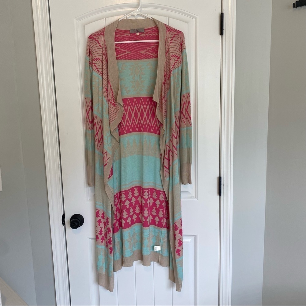 Myan Women’s Cream, Pink & Light Blue Long Cardigan Duster Size Small